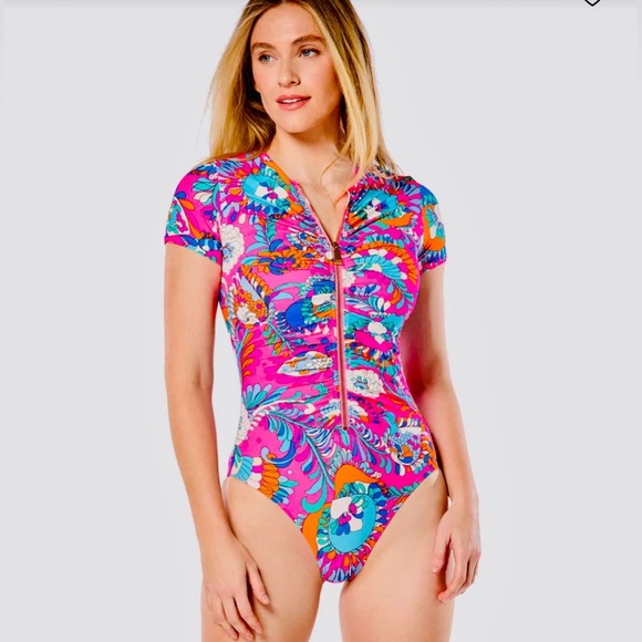 🆕 🔖 kate spade ♠️ Sea Garden Zip Up RashGuard Swimsuit✨Radiant Pink✨Small✨NWT! - Picture 15 of 16